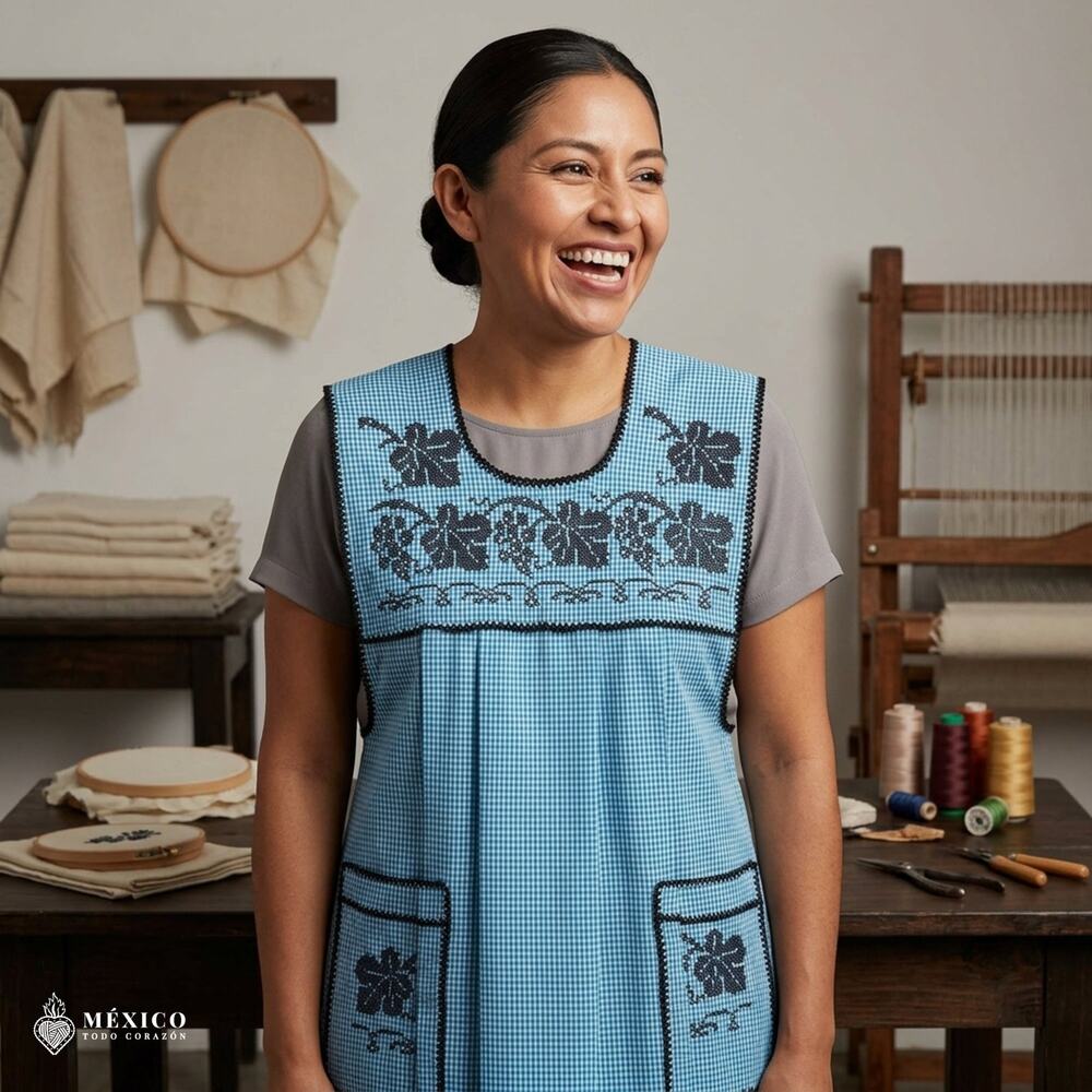 Traditional Mexican Cross-Stitch Embroidered Apron – Deluxe Artisan Smock Style